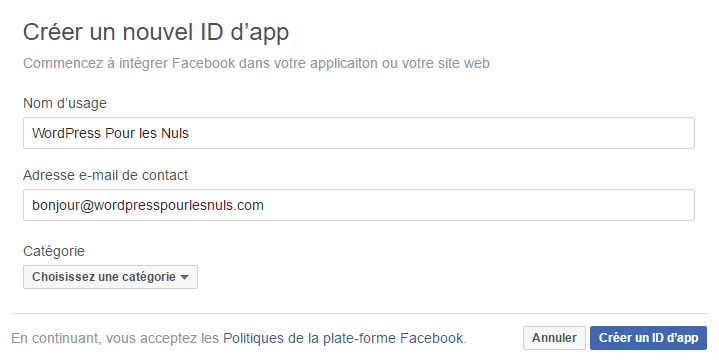 créer une application facebook pour wordpress