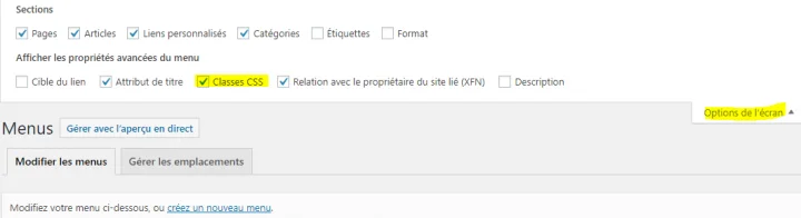 comment ajouter une classe css aux menus wordpress