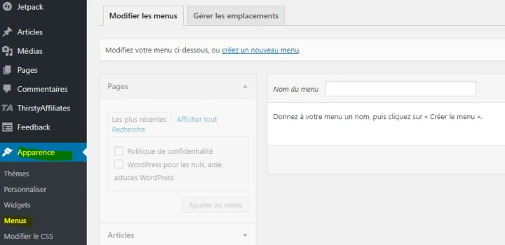 ou créer les menus dans wordpress
