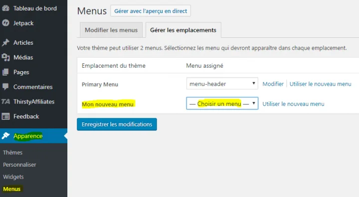 comment définir une zone de menu pour mon thème wordpress