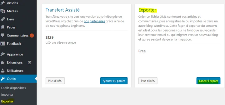 comment exporter le contenu d'un site wordpress.com