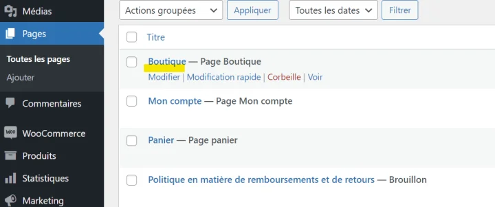 modifier la page boutique woocommerce