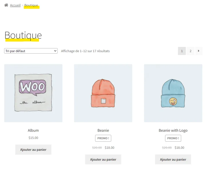 renommer page boutique WooCommerce