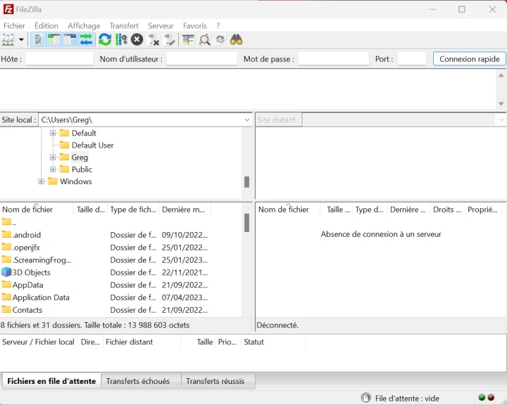écran d'accueil filezilla