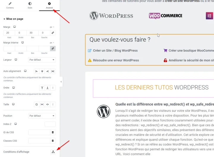 option conditions d'affichage dans les paramètres Elementor